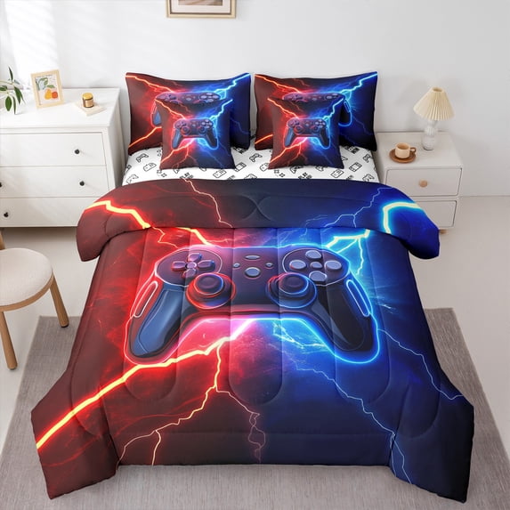 Erosebridal Gamer Comforter Set with Sheets Twin Size Gaming Bed in a Bag Set Teens Modern Game Console Controller 7 Pieces Bedding Set Joystick Room Decor Red Blue