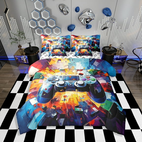 Erosebridal Gamer Comforter Set with Sheets Twin Size Gaming Bed in a Bag Set Teens Modern Game Console Controller 7 Pieces Bedding Set Joystick Room Decor Multiful