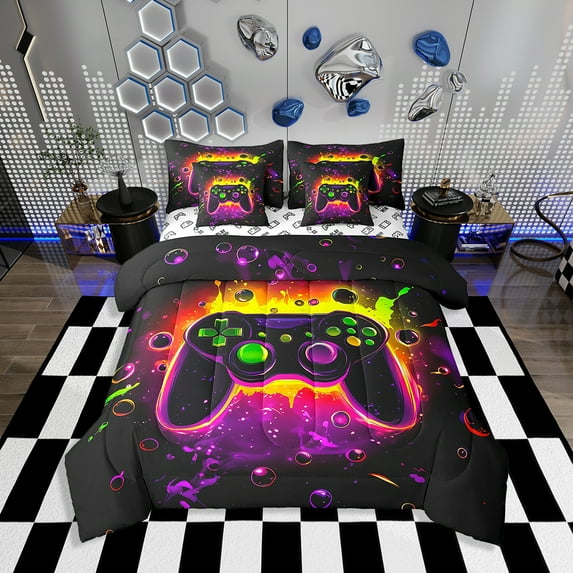 Erosebridal Gamer Comforter Set with Sheets Twin Size Gaming Bed in a Bag Set Teens Modern Game Console Controller 7 Pieces Bedding Set Joystick Room Decor Black Purple