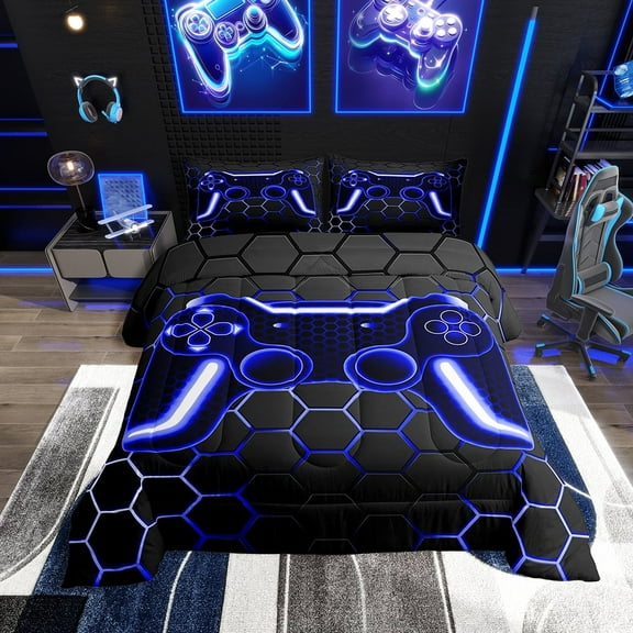 Erosebridal Gamer Comforter Sets For Boys Gaming Kids Bedding Set Twin Size Navy Blue Neon Honeycomb Gamepad Comforter Geometric Gamer Bed Set Soft Lightweight For All Season