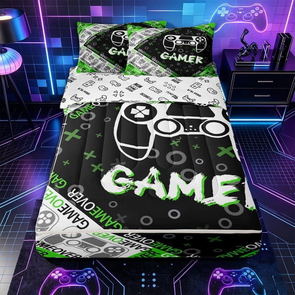 Erosebridal Gamer Controller Pattern Zipper Twin Comforter Sets with Fitted Sheet and 2 Pillowcases,Game Text Print Zipper Bedding Set,Lime Green Black White,Reversible