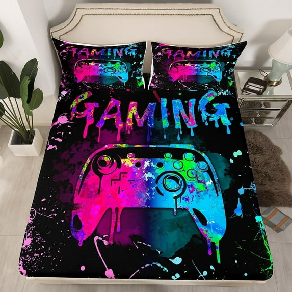 Erosebridal Gamer Fitted Sheet Twin Size,Gaming Bedding Sets Teens Gamer Room Decor,Video Game Console Gaming Bed Sheets Black Pink Blue Tie Dye Sheets