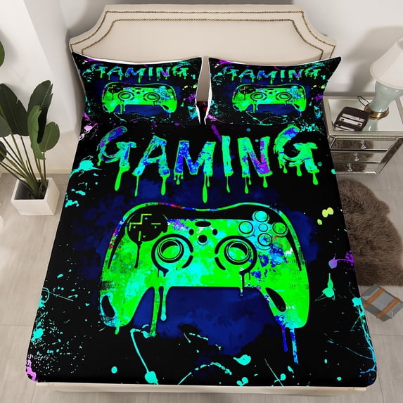 Erosebridal Gamer Fitted Sheet Twin Size,Gaming Bedding Sets Teens Gamer Room Decor,Video Game Console Gaming Bed Sheets Green Teal Black Tie Dye Sheets