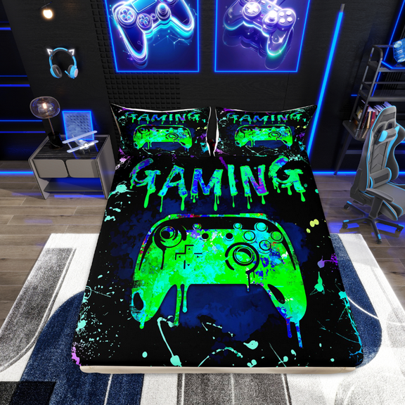 Erosebridal Gamer Fitted Sheet Twin Size,Gaming Bedding Sets Teens Gamer Room Decor,Video Game Console Gaming Bed Sheets Green Teal Black Tie Dye Sheets