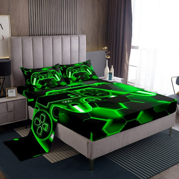 Erosebridal Gamer Gamepad Bed Sheets Set King Size, Geometry Stripe Bedding King Size, Game Lover Sheet Set King, Microfiber Room Decorative, 4-Piece