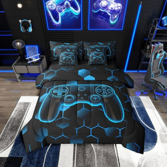 Erosebridal Gamer Gamepad Bedding Sets Twin Size,Blue Honeycomb Comforter Sets with Sheets,Geometry Decor,Reversible,Breathable,7-Piece