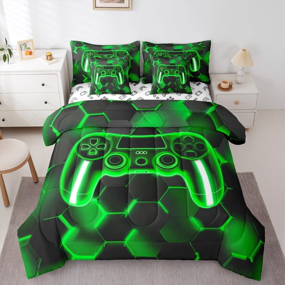 Erosebridal Gamer Gamepad Bedding Sets Twin Size, Geometry Stripe Comforter Sets with Sheets, Game Lover Reversible Bedding Twin Size, Microfiber Room Decorative, 7-Piece
