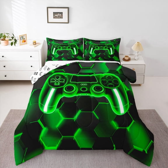 Erosebridal Gamer Gamepad Bedding Twin Comforter Set, Geometry Stripe Down Comforter, Game Lover Reversible Comforter Sets Twin Size, Microfiber Room Decorative, 2-Piece