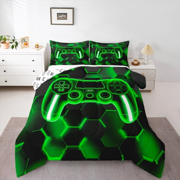 Erosebridal Gamer Gamepad Bedding Twin Comforter Set, Geometry Stripe Down Comforter, Game Lover Reversible Comforter Sets Twin Size, Microfiber Room Decorative, 2-Piece