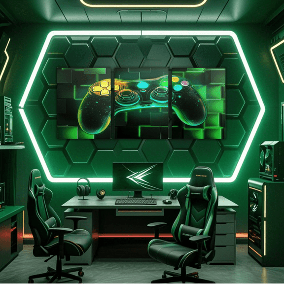 Erosebridal Gamer Gamepad Canvas Wall Art for Bedroom, Gradient Grid Checkered Wall Hanging Decor for Living Room, Video Game Theme Wall Decor for Bathroom, Luxurious Bedroom Decoration