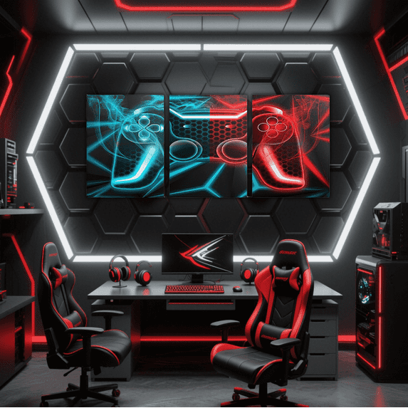 Erosebridal Gamer Gamepad Canvas Wall Art Set of 3, Neon Lines Stripes Framed Wall Art for Living Room, Video Game Theme Wall Decor for Kitchen, Luxurious Bedroom Decoration