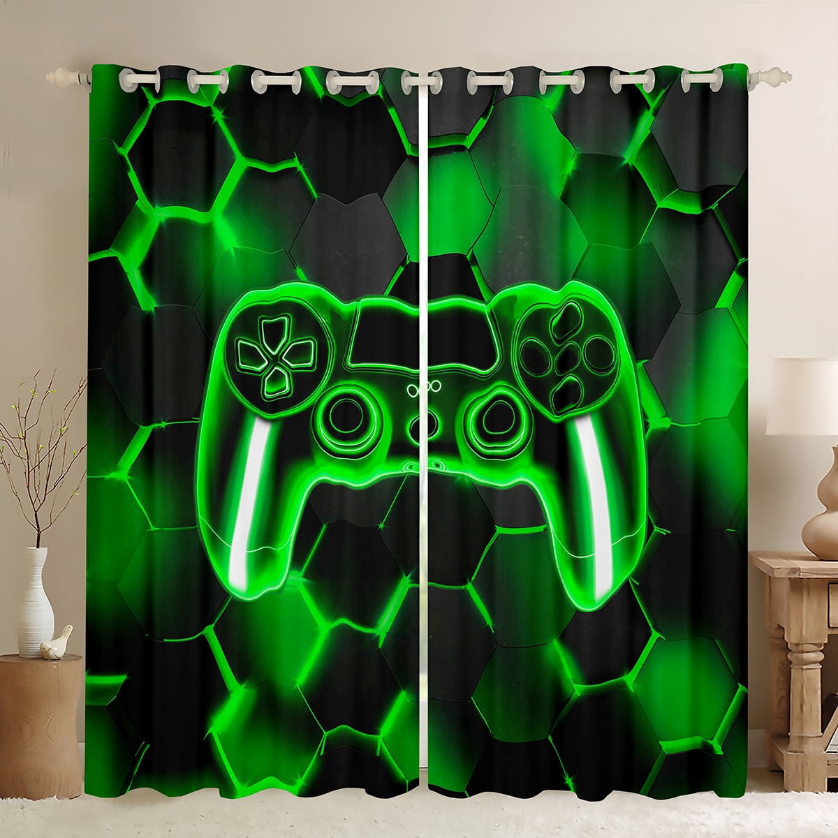 Erosebridal Gamer Gamepad Curtains and Drapes (38x54), Geometry Stripe 30%-50% Blackout Curtains for Bedroom, Game Lover Curtains for Living Room, Window Drapes Room Decorative