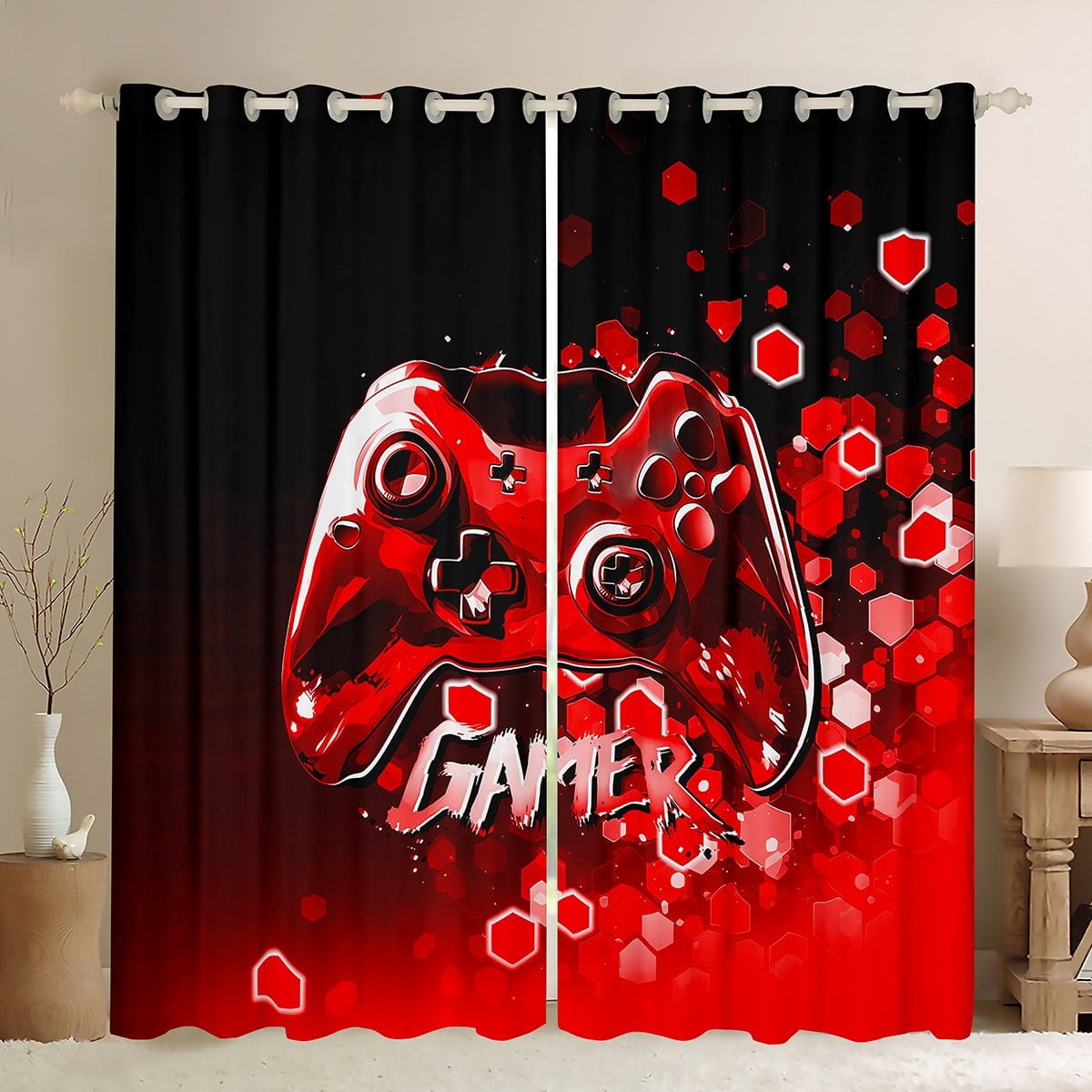 Erosebridal Gamer Gamepads Curtains for Living Room,Video Game 30%-50% Blackout Curtains Set of 2 (38x45),Gradient Honeycomb Curtains and Drapes (38x45),Geometric Room Decor