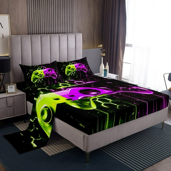 Erosebridal Gamer Gaming Bed Sheets Full, Purple Green Gamepad Bedding Sets Full Size, Gradient Neon Stripe Room Decor 4pcs