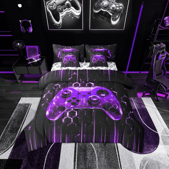 Erosebridal Gamer Gaming Bedding Sets Twin Size, Purple Gamepad Comforter Sets with Sheets, Gradient Neon Stripe Room Decor, Reversible 7-Piece
