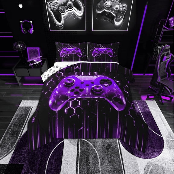 Erosebridal Gamer Gaming Bedding Twin Comforter Set, Purple Gamepad Down Comforter, Gradient Neon Stripe Room Decor, Reversible 2-Piece