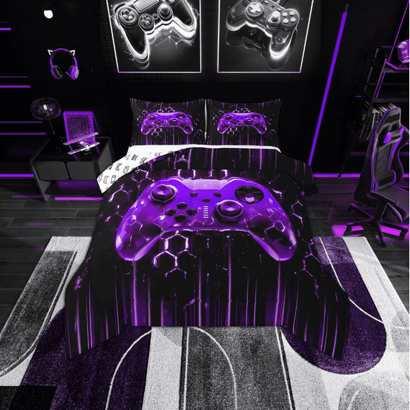 Erosebridal Gamer Gaming Bedding Twin Comforter Set, Purple Gamepad Down Comforter, Gradient Neon Stripe Room Decor, Reversible 2-Piece