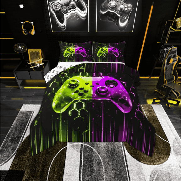 Erosebridal Gamer Gaming Comforter Sets Twin Size, Purple Green Gamepad Comforters & Duvets, Gradient Neon Stripe Room Decor, Reversible 2pcs