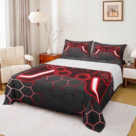 Erosebridal Gamer Sheet Set Black Red Gaming Twin Bed Sheets Teen Honeycomb Game Console Sheets Video Game Room Decor,Neon Geometric Gamepad 1 Fitted Sheet 1 Flat Sheet 1 Pillow Case
