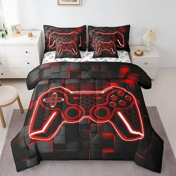 Erosebridal Gamer TwinComforter Set with Sheets 7 Piece Red and Black Bedding Set Teens Kids Boys Decor Gaming Ombre Bed in a Bag Geometric Square Bed Set
