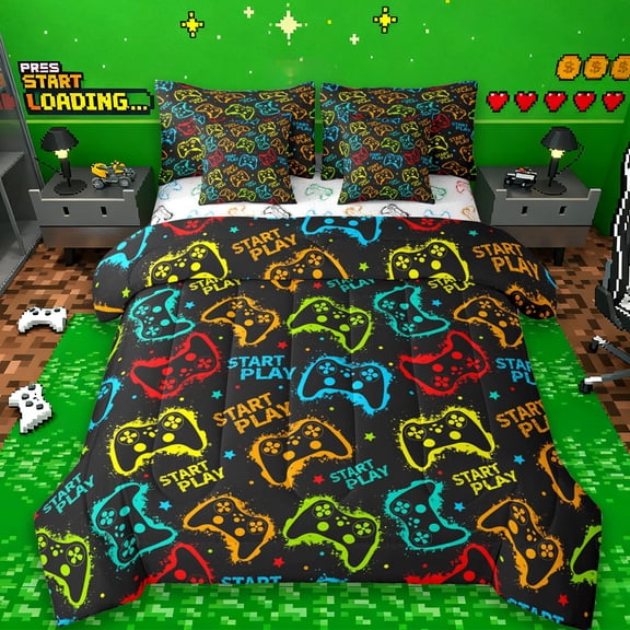 Erosebridal Gaming 7pcs Bedding Comforter Set For Boys,Teen Video Game Kids Colorful Gamepad Queen Bedding Sets,Reversible
