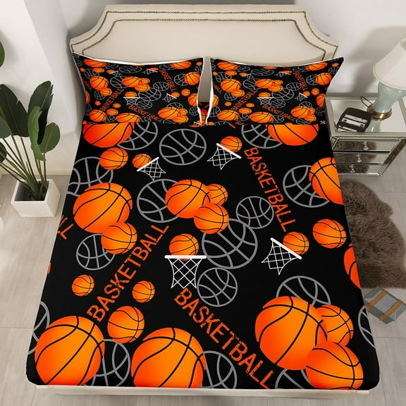 Erosebridal Gaming Basketball Fitted Sheet Set Twin,Ball Game Bedding Twin Size,Sport Room Decor,2-Piece(No Top Sheet)
