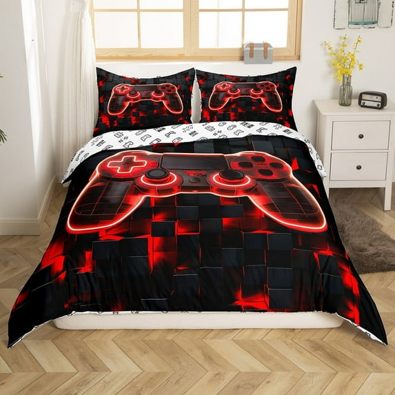 Erosebridal Gaming Bedding Set Gamer Duvet Cover Twin, Gaming Room Comforter Cover Geometry Honeycomb Print Bedspread Cover, Modern Abstract Plaid Soft Reversible Bedding Red