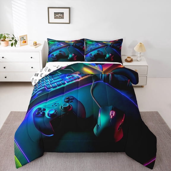 Erosebridal Gaming Bedding Set,Headset Mouse Keyboard Gamepad Pattern Down Comforter King Size ,Gamer Player Themed Comforter Set,Soft Home Bedroom Decorative