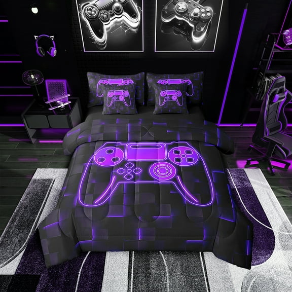 Erosebridal Gaming Bedding Sets Full Size 7-Piece Teen, Futuristic Cubes Comforter Sets with Sheets, Purple