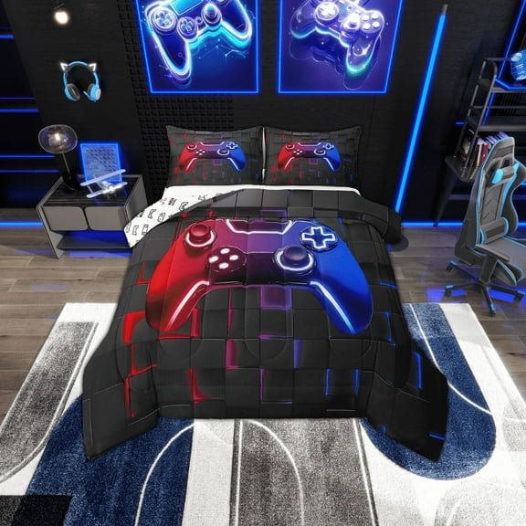Erosebridal Gaming Bedding Sets Twin with Comforter, Red Blue Neon Light Grid Duvet Insert, Gamer Bedroom Decorative, Reversible 2 Pieces