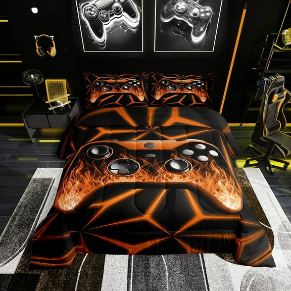 Erosebridal Gaming Bedding Sets Twin with Comforter , Abstract Lines Comforters & Duvets, Black Orange, Reversible, 2pcs