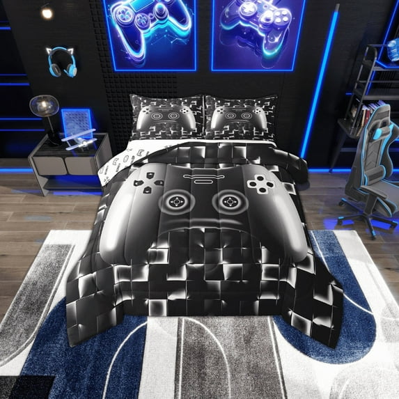 Erosebridal Gaming Comforter Teens Game Bedding Set Gamer Comforter Set For All Season Gamepad Room Decor Duvet Quilt Twin Size,1 Comforter With 1 Pillowcase Neon Black White Grey