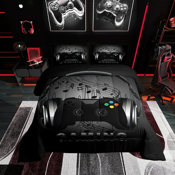 Erosebridal Gaming Comforter Set Headphones Game Controller Bedding Set Black Grey Video Game Decor Music Melody Duvet Set Gamer Comforter Teens Twin Size 1 Comforter with 1 Pillowcase