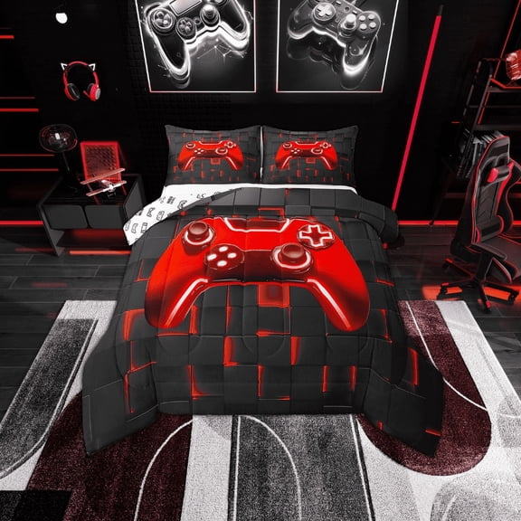 Erosebridal Gaming Comforter Sets Twin Size, Red Neon Light Grid Comforters & Duvets, Gamer Bedroom Decorative, Reversible 2pcs