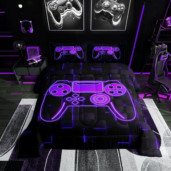 Erosebridal Gaming Comforter Sets Twin Size Teen, Futuristic Cubes Comforters & Duvets, Purple 2pcs