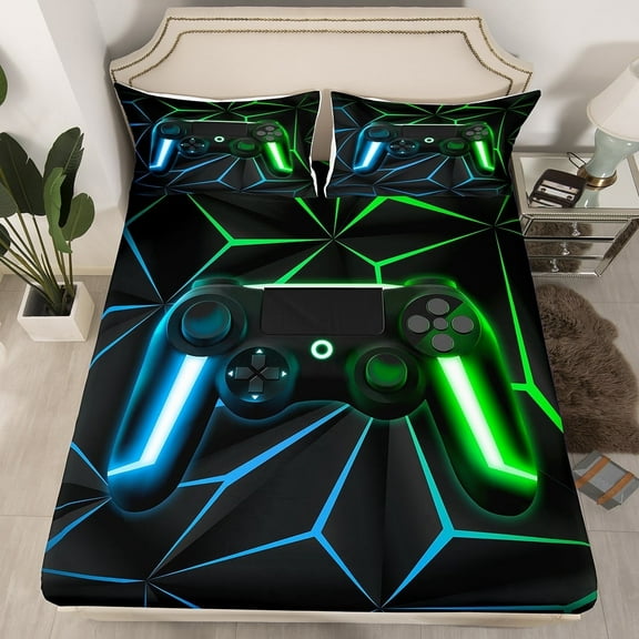 Erosebridal Gaming Fitted Sheet Twin Size Video Game Gamer Bed Sheets Teens Bedroom Blue Green Gamepad Sheets All Season 1 Fitted Sheet with 1 Pillow Case, Lightweight