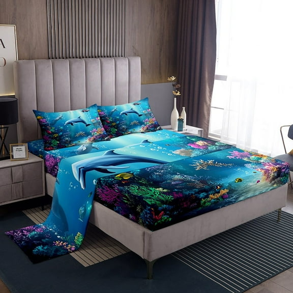 Erosebridal Animal Dolphin Sheet Set Twin,Underwater World Bedding Sets Twin Size,Ocean Decoration,Breathable,3pcs