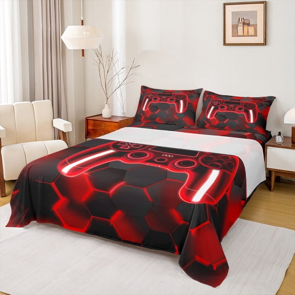 Erosebridal Gaming Gamepad Bed Sheets Set Twin Size, Neon Red Bedding Twin Size, Modern Video Game Sheet Set Twin, Breathable Room Decoration, 3pcs