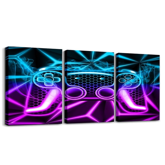 Erosebridal Gaming Gamepad Canvas Wall Art Set of 3, Neon Light Stripe Framed Wall Art for Living Room, Video Game Wall Decor for Kitchen, Luxury Bedroom Decorative