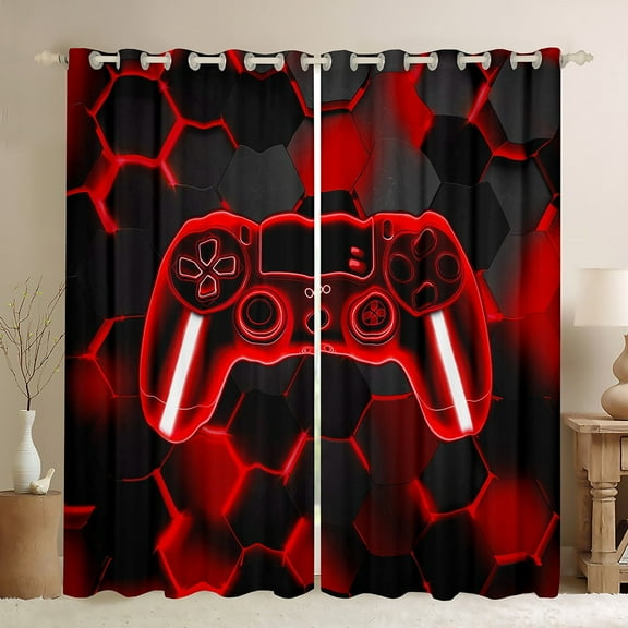 Erosebridal Gaming Gamepad Curtains and Drapes (42x63), Neon Red 30%-50% Blackout Curtains for Bedroom, Modern Video Game Curtains for Living Room, Window Curtains Room Decoration