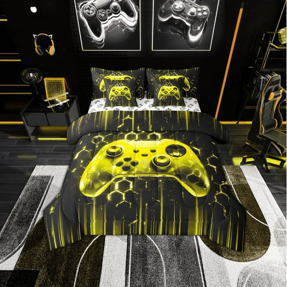 Erosebridal Gaming Gamer Bed in a Bag Twin Size, Video Game Bed Set, Neon Gradient Gamepad Bedroom Decor, Black Yellow, Reversible 7 Pieces