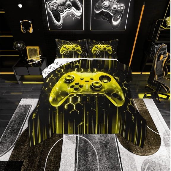 Erosebridal Gaming Gamer Bedding Sets Twin with Comforter, Video Game Duvet Insert, Neon Gradient Gamepad Bedroom Decor, Black Yellow, Reversible 2 Pieces