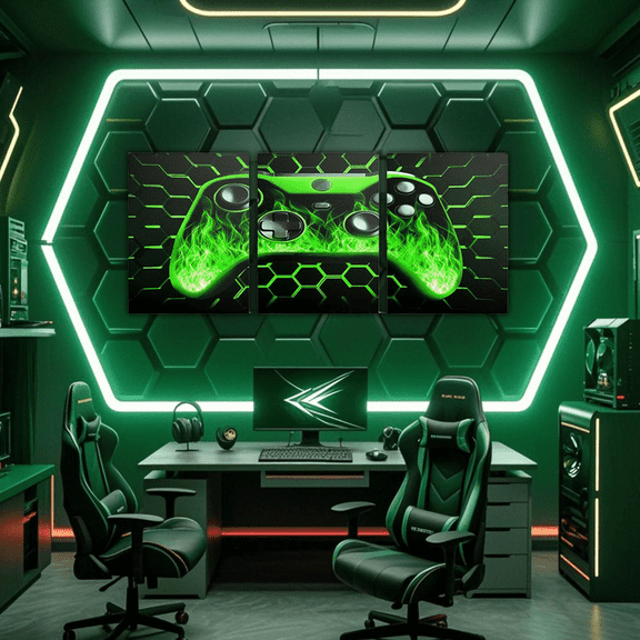 Erosebridal Gaming Gamer Canvas Wall Art Set of 3, Game Gamepad Framed Wall Art for Living Room, Black Green Honeycomb Wall Decor for Kitchen, Luxury Bedroom Decoration