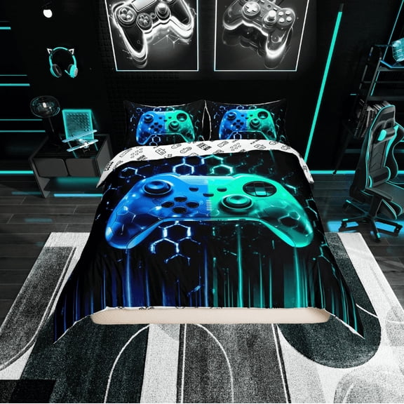 Erosebridal Gaming Gamer Comforter Cover Twin, Video Game Bedding Twin Size, Neon Gradient Gamepad Bedroom Decor, Black Blue Cyan, Reversible 2-Piece (No Comforter)