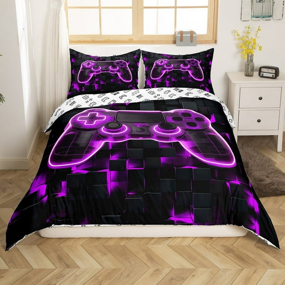 Erosebridal Gaming Twin Bedding Set Gamer Room Decor Duvet Cover 2 Pcs, Modern Abstract Plaid Comforter Cover Purple Geometry Honeycomb Print Bedspread Cover Gamepad Controller Bedding