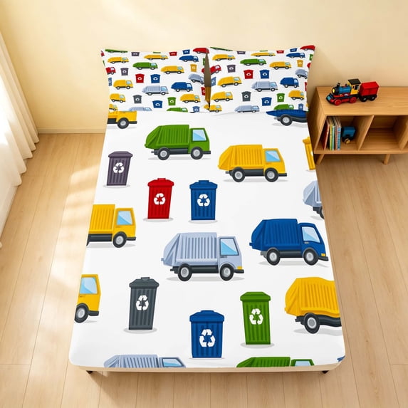 Erosebridal Garbage Truck Fitted Sheet, City Queen Bedding, Garbage Truck 3-Piece 1 Fitted Sheet and 2 Pillowcases