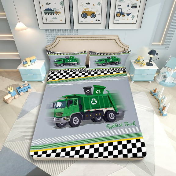 Erosebridal Garbage Truck Queen Bed Sheets Set,Trash Can Truck Bedding Set Room Decor,Black and White Checkered Sheets Cartoon Car Trucks Fitted Sheet Set 4Pcs