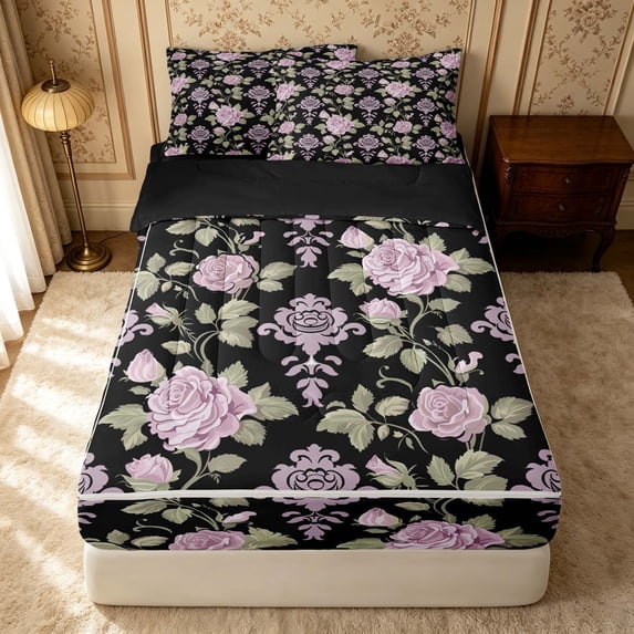 Erosebridal Garden Floral Zipper Queen Comforter Set with Fitted Sheet and 2 Pillowcases, Retro Flower Zipper Bedding Set, Black Reversible, Lilac Black Damask Rose, Black Reversible
