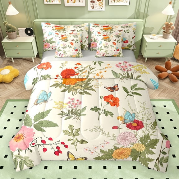 Erosebridal Garden Flower Twin Bedding Sets for Girls, Floral Butterfly Bedding Comforter Set, Gray Reversible, 7 Pieces