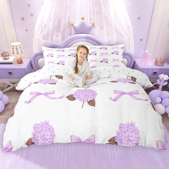 Erosebridal Garden Hydrandrea Flower Duvet Cover Set for Girls, Kawaii Purple Bow-Tie Bedding Full, Reversible 3 Pieces, 1 Duvet Cover and 2 Pillowcases, No Comforter